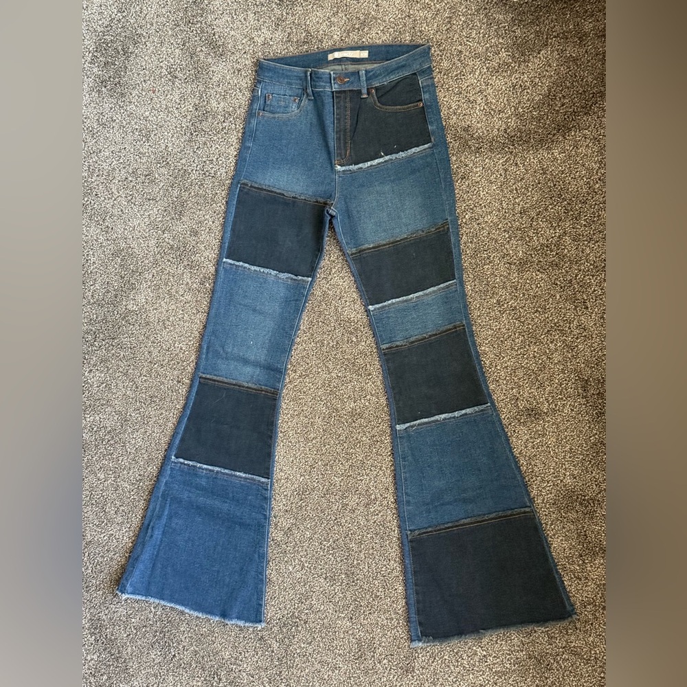 Tractr Patchwork Flare Jeans Size 9/28 Boho Colorblock Denim Bell Bottom Raw Hem